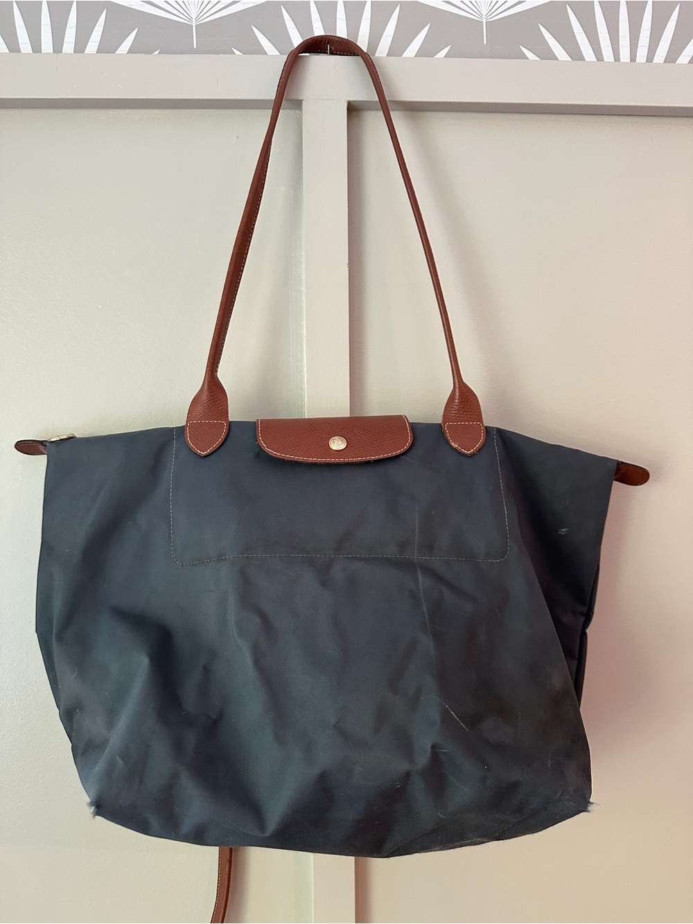 Longchamp Navy Nylon Tote with Brown Leather Trim